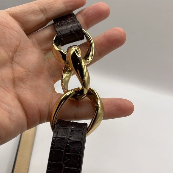 Talbots Black Croc Embossed Genuine Leather 1" With Golden Rings Belt Large - Picture 10 of 11